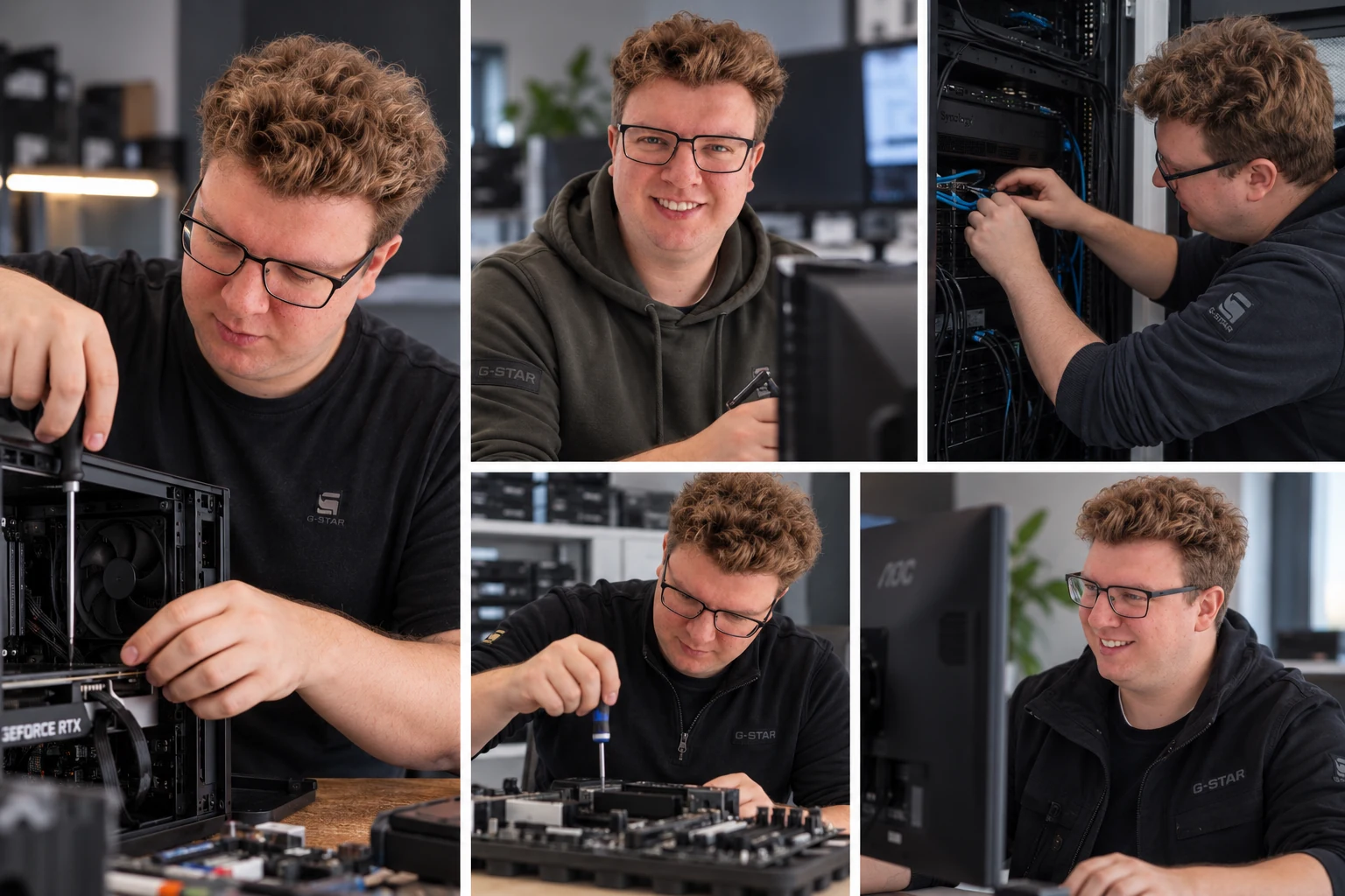 Collage: Ole Hohberg bei der Arbeit an Computern und Netzwerktechnik